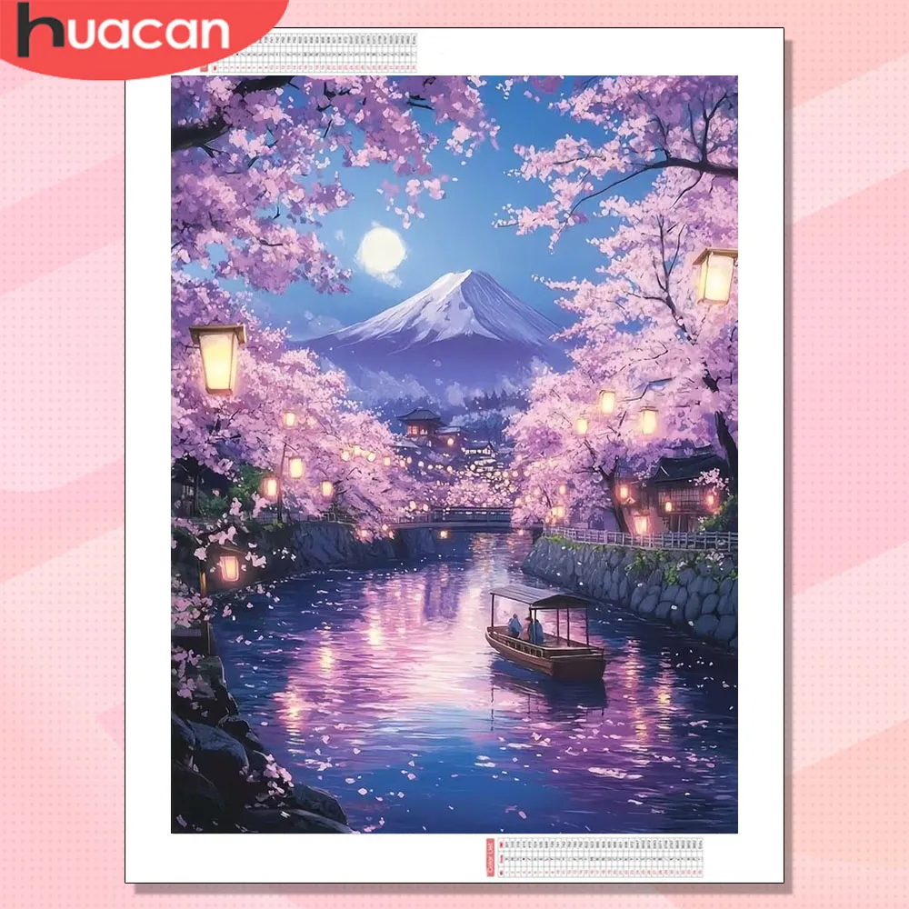 HUACAN Diamantmalerei, neue Berglandschaft, komplette Sets, quadratisch, rund, Kirschblüten-Diamantmosaik, 5D-Bild aus Strass