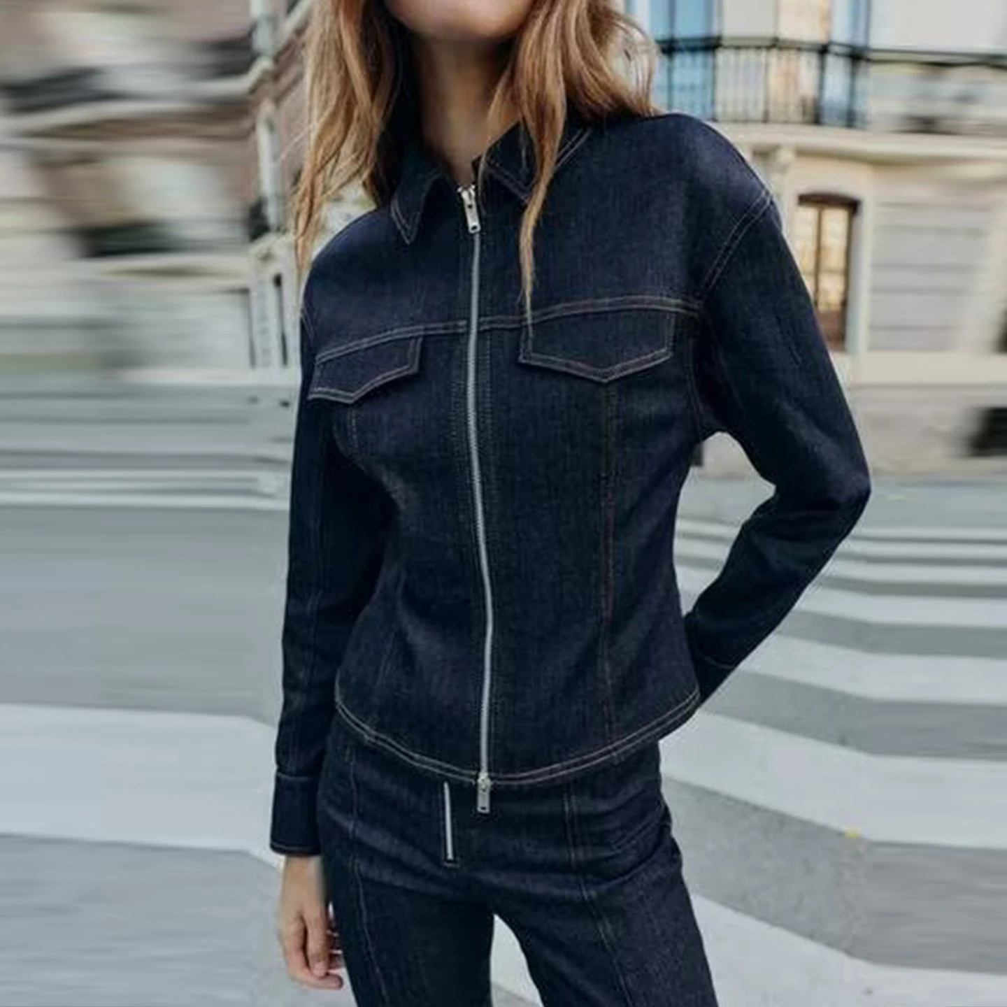 Winter 2025 Women's Denim Jaet Coat High Waist Long Pants Faion Set Z Brand Sli Casual Outfit for Adults