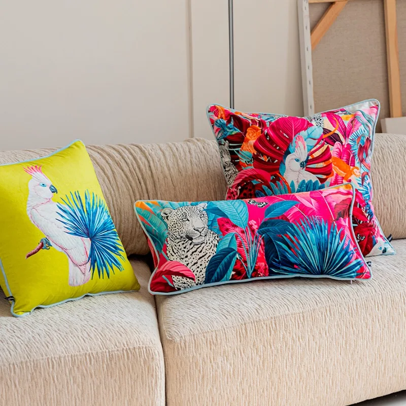 Leopard Pillows Jungle Bird Cushion Case Luxury Velvet Blue Yellow Decorative Pillow Cover For Sofa Chair Home Decorations