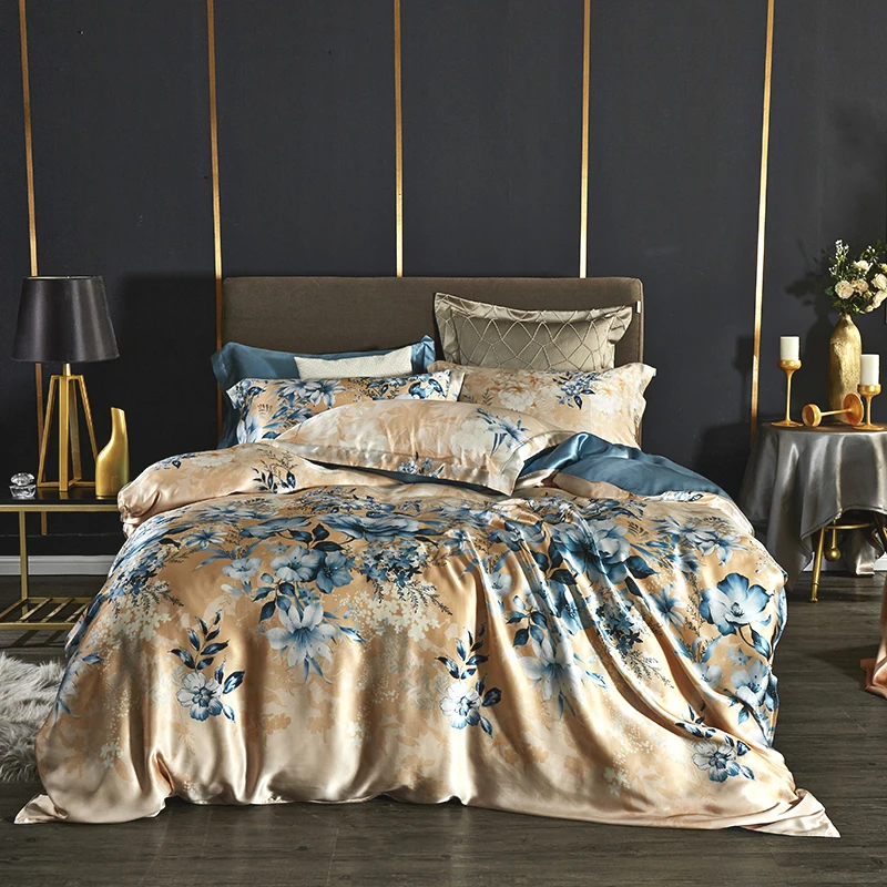 Luxury design silk 4 piece hotel bedding set printing silk bedding set