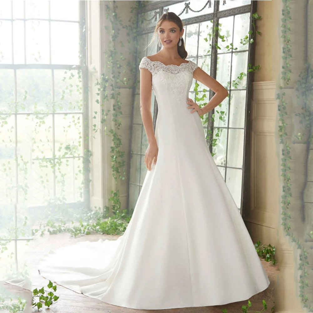 Pmwrun Elegante Trouwjurk Uit De Schouder Applicaties Simple Bodem Op Back Brush Trein Bridal Kerk Formele Trouwen Gown