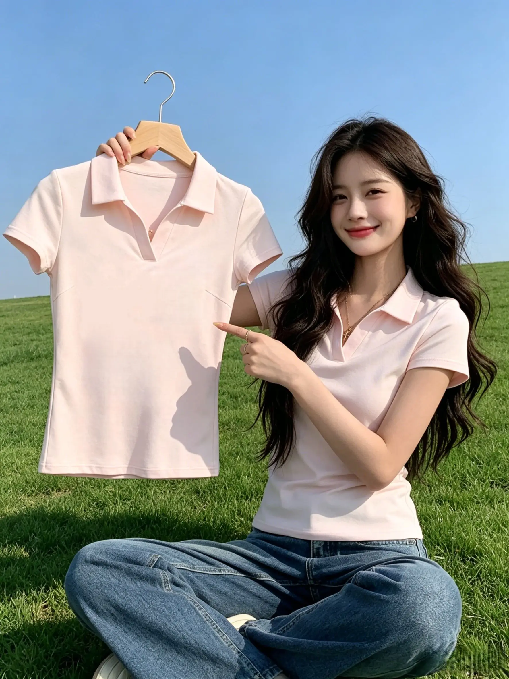Summer Women's Short Sleeve T-Shirt 95 Cotton  Shirt Slim Fit Turn Collar Large Size plus Size  Color Top