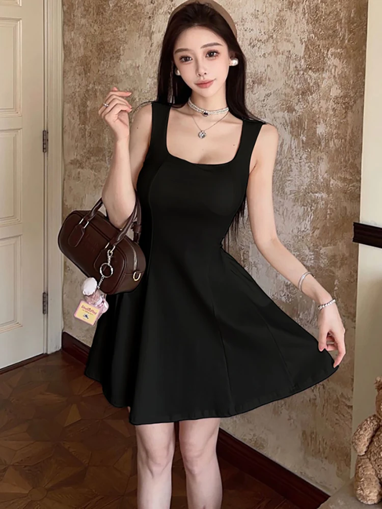 2025 Red Pleated Bodycon Square Collar Sling Sexy Mini Dress Summer Elegant Chic A-Line Dress Women Korean Festival Party Dress