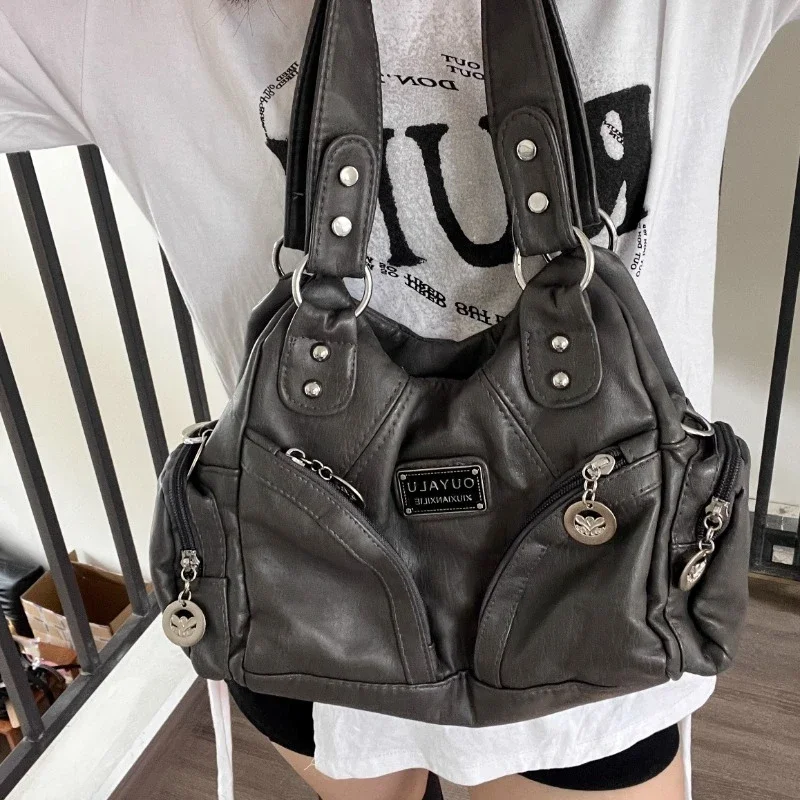 Xiuya Y2k Vintage Shoulder Bag for Women Large Capacity Gothic Soft Pu Leather Motorcycle Handbag Casual Gray Mens Armpit Bag