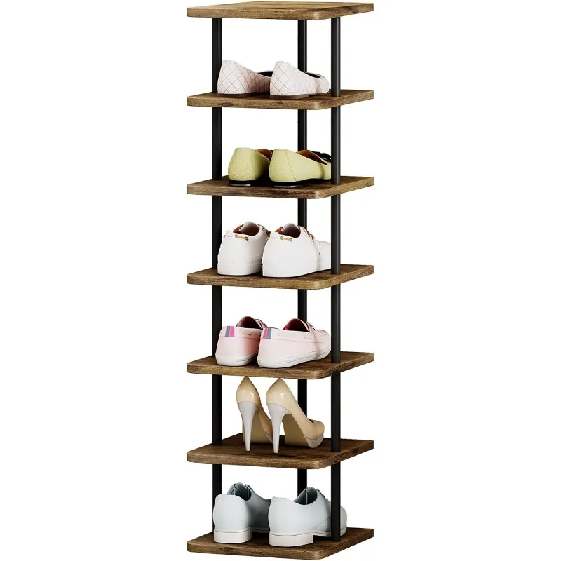 Shoe Rack 7 Tier Vertical Storage Organizer Narrow Metal Slim Shelf Modern Free Standing Shoe Tower Saving Space for Closet