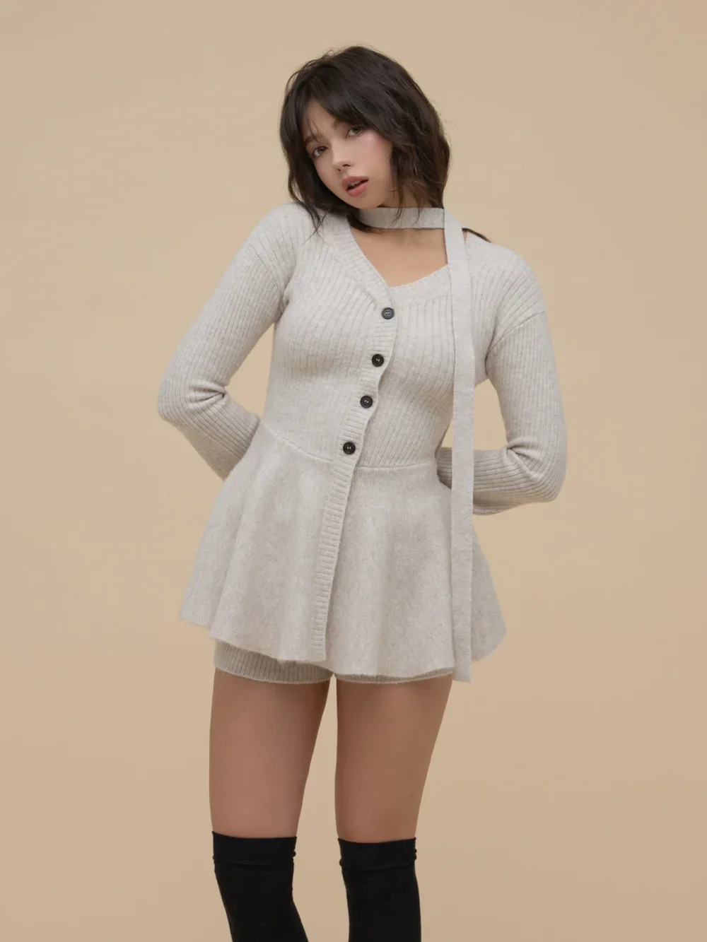2025 Autumn New Japanese Style Single-breasted Top Fashion Design Waist-Cinching Knitted Umbrella Dress and Shorts 2 Pieces Set