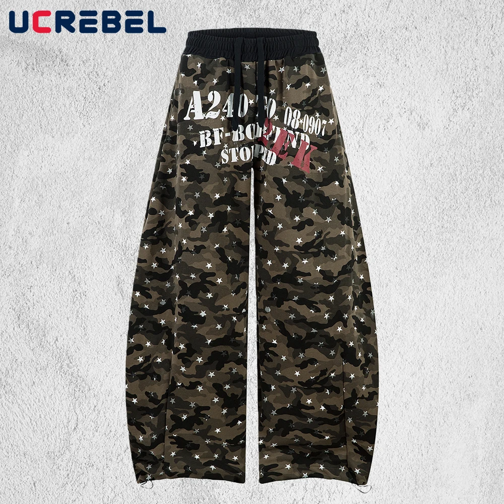 

Camouflage Spliced Sweatpants Mens Letter Print Hip Hop Streetwear Elastic Waist Baggy Wide Leg Jogger Pants Man