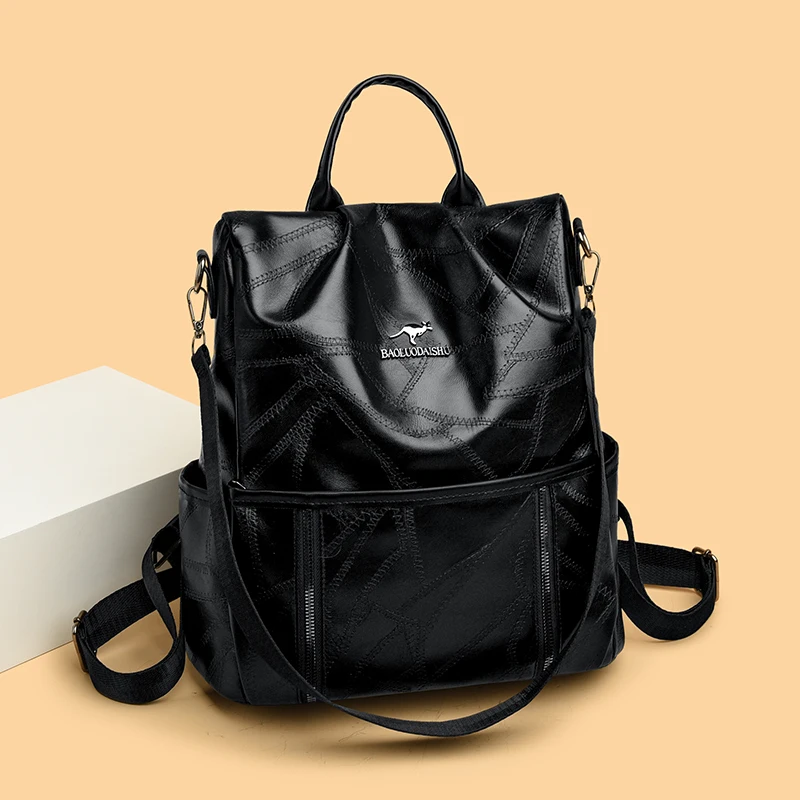 2025 New Women Genuine Leather Backpacks Patchwork Real Calfskin Shoulders Big Bag Anti-theft Traveling Campus Daypacks For Girl