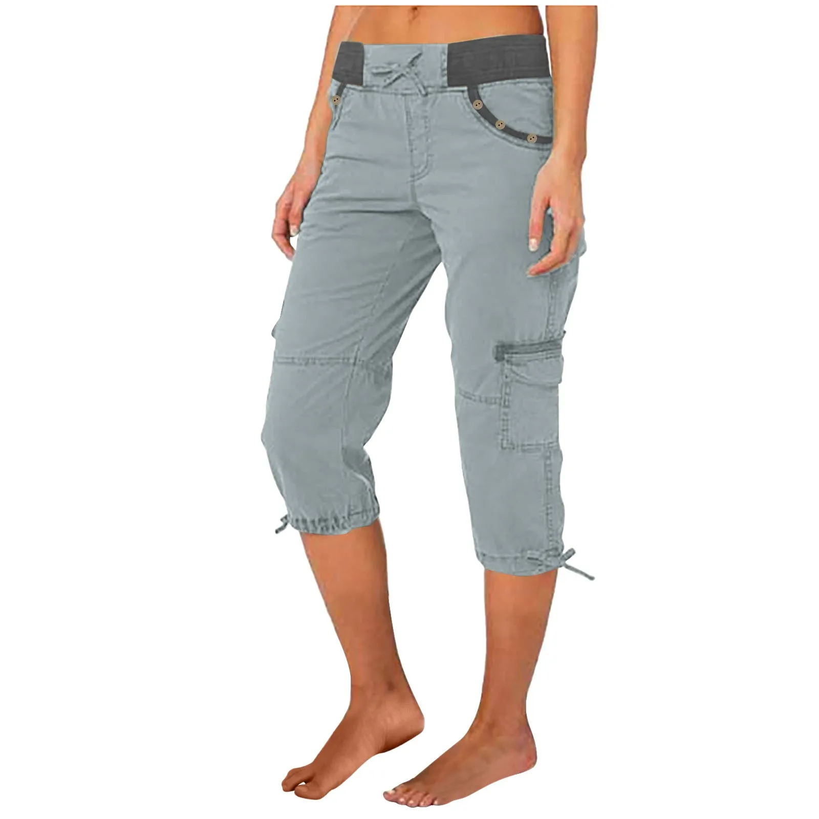 Pantalones Capris de carga sólidos para Mujer, pantalones informales con bolsillo para senderismo al aire libre, pantalones para correr con cordón, pantalones de verano para Mujer