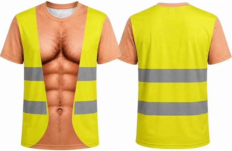 Men Funny 3D Fake Safety Vest Muscle Chest Print T‑Shirt Novelty Optical Illusion Tees Halloween Party Costume Casual Streetwear