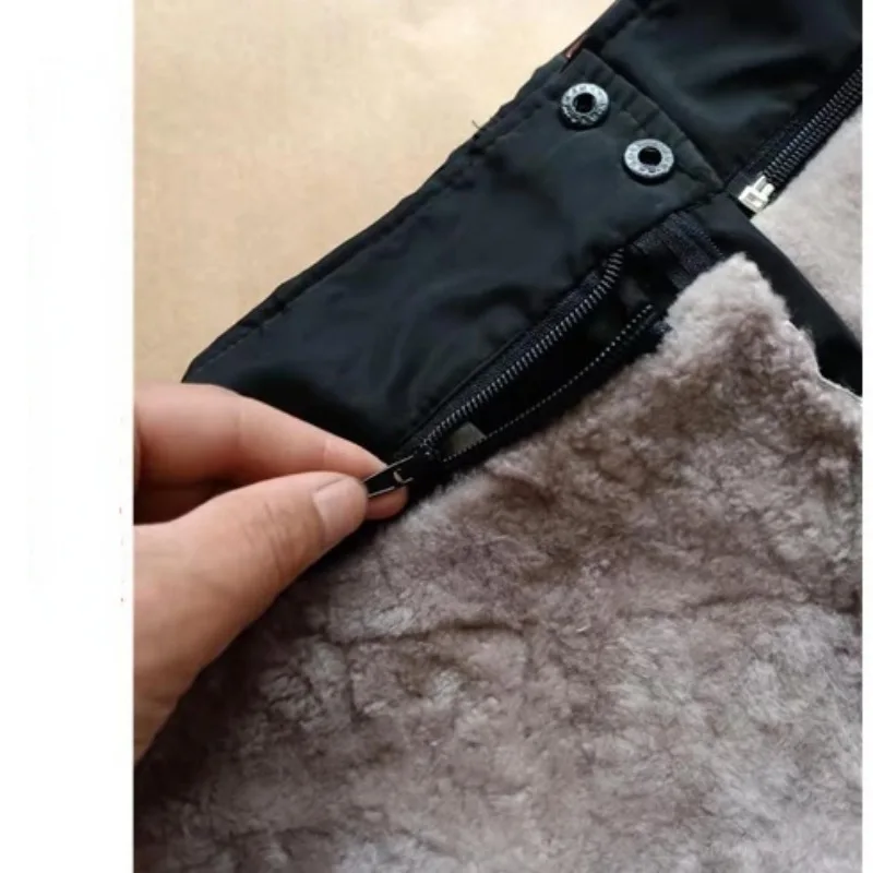 100% Genuine Sheepskin Pants Men Warm Winter High Waist Long Pants Thicken Men Clothing Snowsuits Trousers Plus Size Oversized