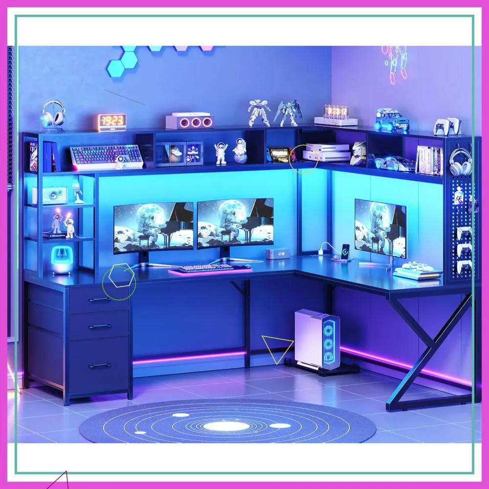 L-Shaped Gaming Desk with Storage, LED Lights & Power Outlet, Convertible 94.5