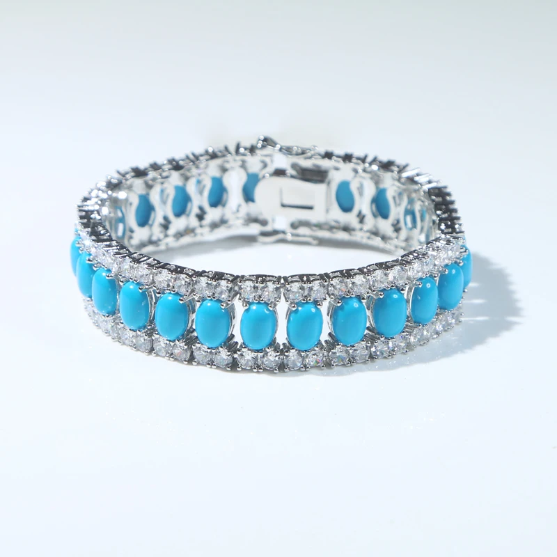 Fashion Jewelry Turquoise Blue Double Row White CZ Stone Tennis Bracelet for Women with Platinum Plated Color Chain 17cm 19cm