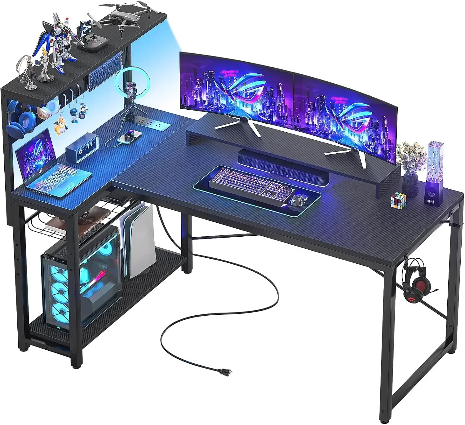 Gaming Desk ,with Power Outlets Pegboard LED Light,  with  Reversible Corner Desk with Headset Hooks, Carbon Fiber Black