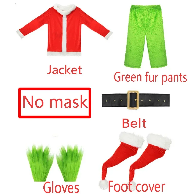 

Christmas Green Fur Monster Cosplay Costume Santa Claus Suit Anime Clothes Adult New Year Funny Mask Gloves Party Halloween Set