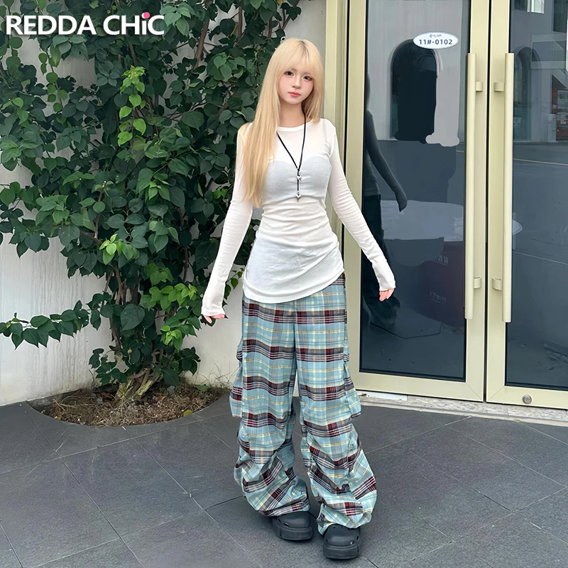 ReddaChic 8 Pockets Plaid Parachute Pants Women Loose Casual Contrast Elastic Waist Shirring Wide Leg Cargo Pants Retro Clothes