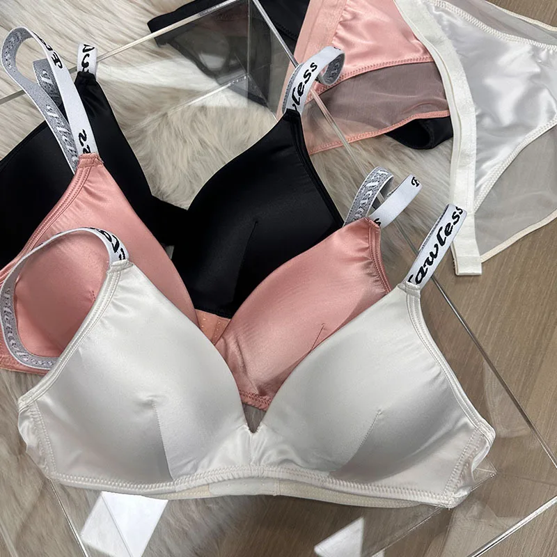 Underwear large breasts thin female summer lingerie glossy non-marking one-piece letters straps gathered triangle cup bra set