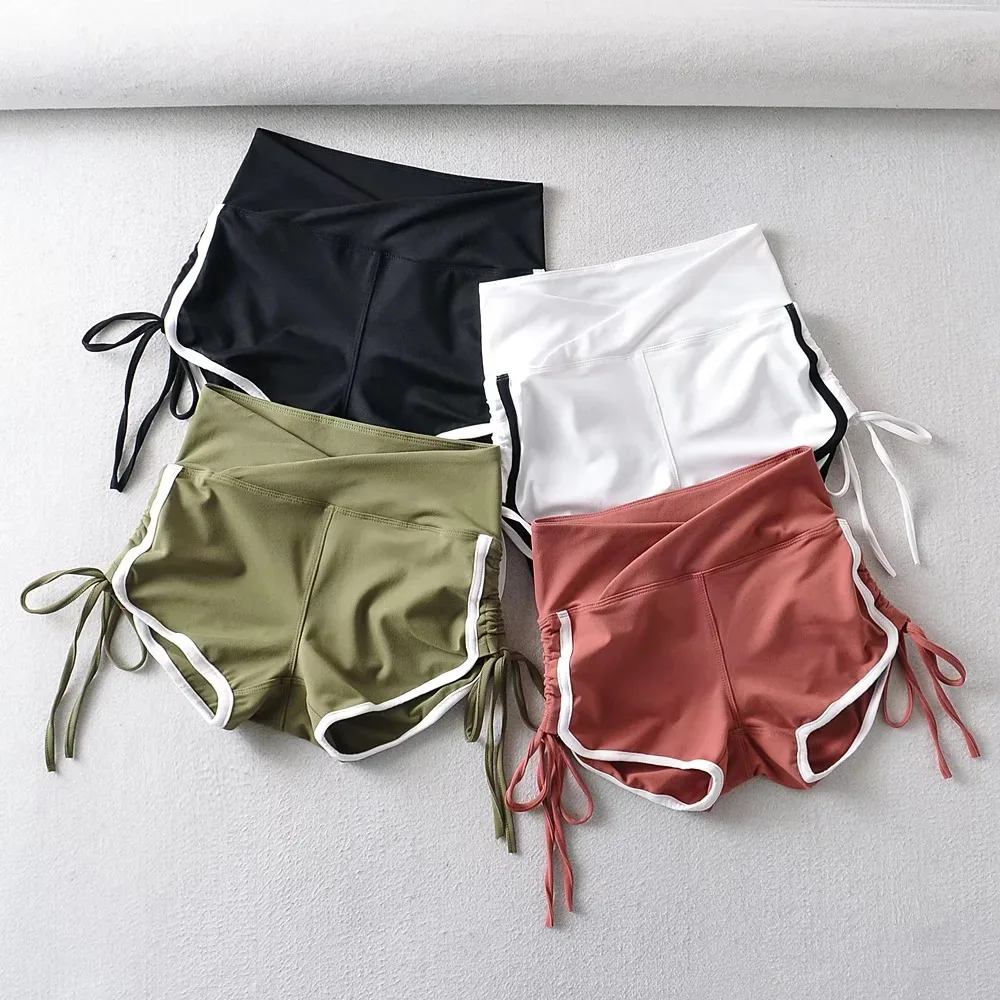 Color blocked edge shorts 2024 summer new European and American style hip lifting drawstring strap