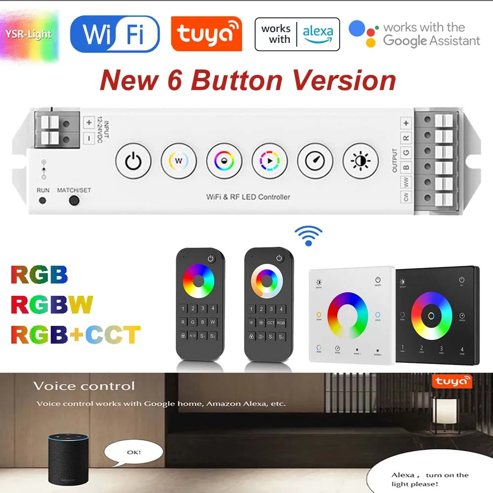 Tuya WiFi LED Controller 6 Button 5-CH DC12-24V RGB/RGBW/RGBCCT Voice Control 10 Dynamic Modes with Remote for Alexa Google Home