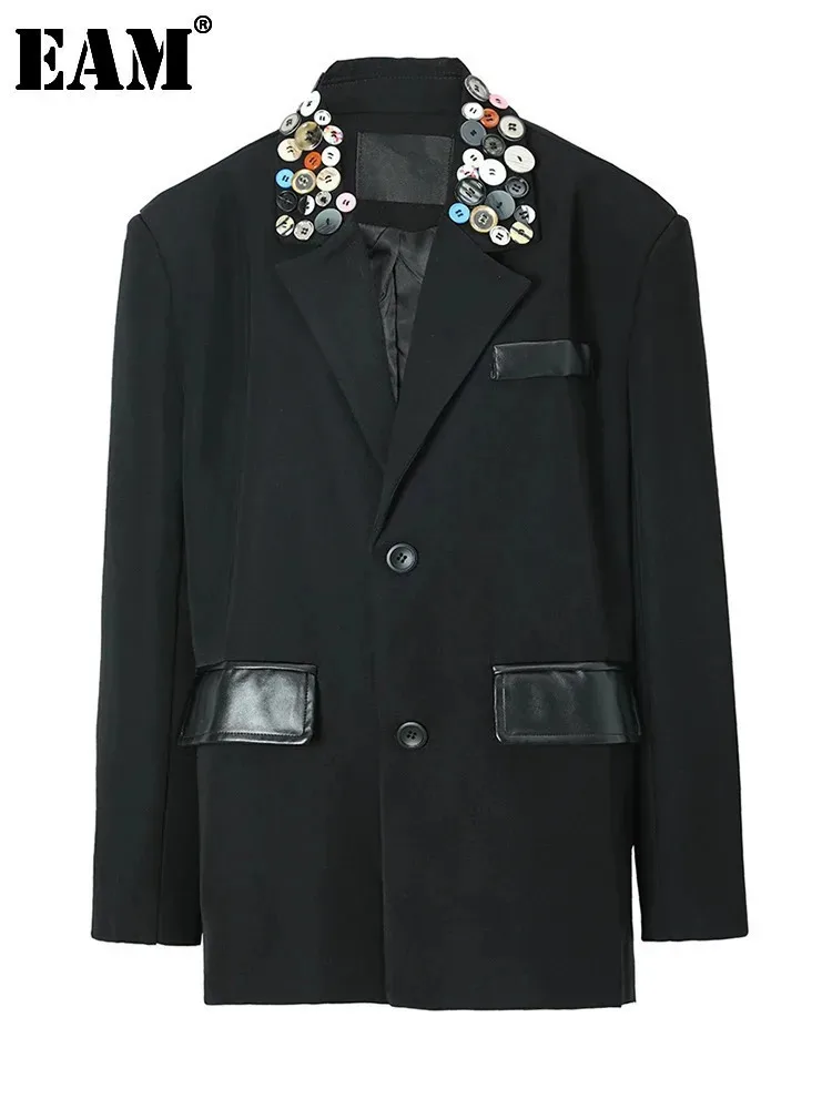 

[EAM] Women Black Colorful Button Big Size Blazer New Lapel Long Sleeve Loose Fit Jacket Fashion Spring Autumn 2024 1DF3113