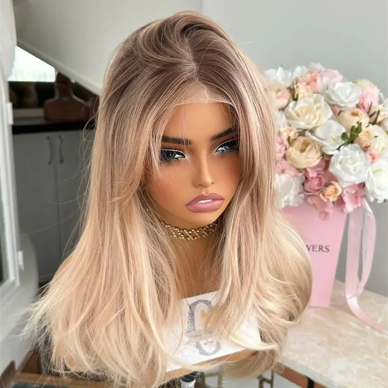 Glueless Wig Ombre Creamy Blonde Synthetic HD Lace Front Wig Blend Human Hair Natural Preplucked Hairline with Baby Hair 16 Inch
