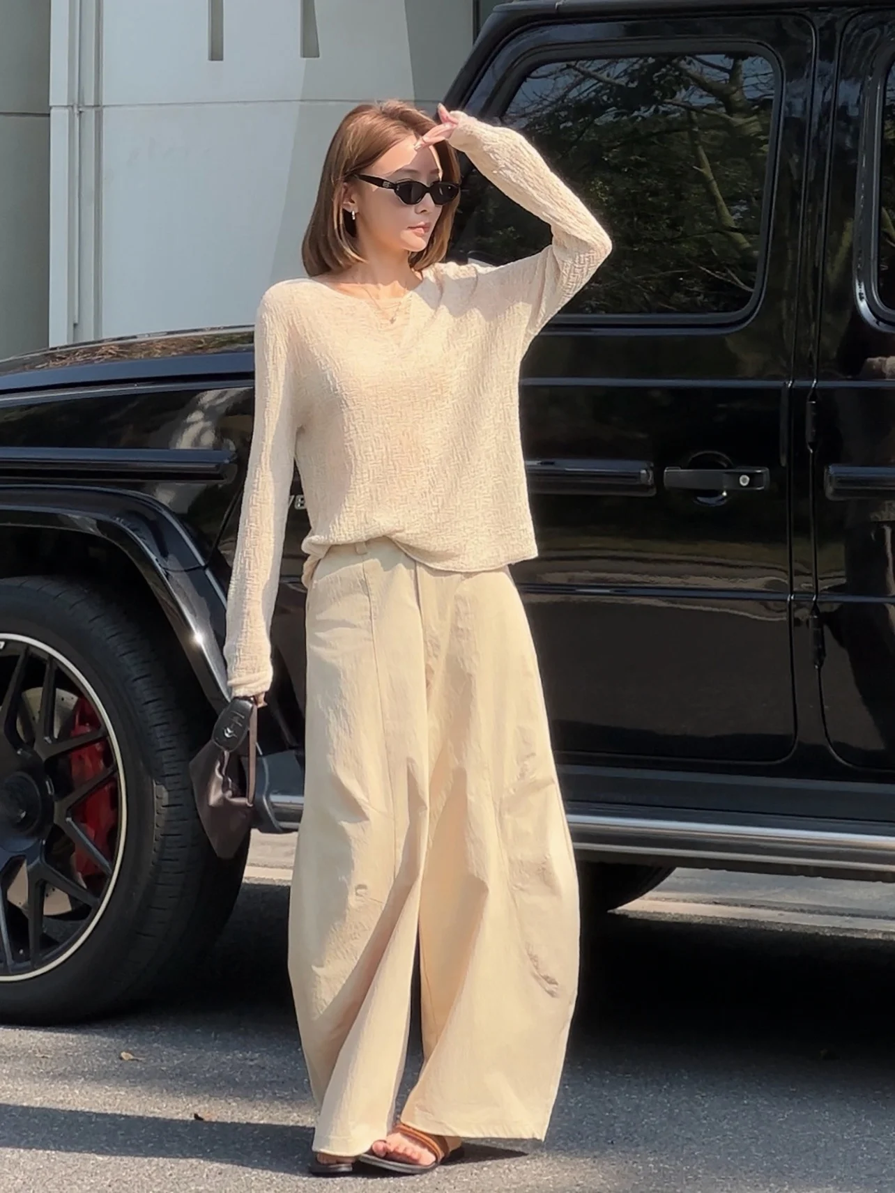 

Lush Life Spring Summer V-Neck Brushed Texture Knitted Top Soft Casual Loose Fit Long Sleeve Women's Fashion Basic Color