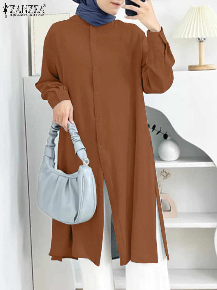 ZANZEA Fashion Muslim Blouse Oversize Solid Long Tops Turkey Dubai Abaya Women O Neck Long Sleeve Blusas Autumn Elegant Shirt