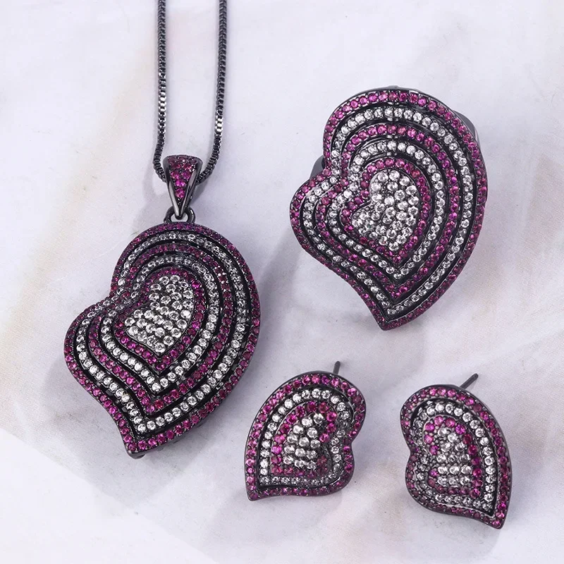 Adjustable Heart Shaped Ring Jewelry with Red and White Cubic Zirconia Earrings Necklace Women's Fashion Boho Chic Accessories