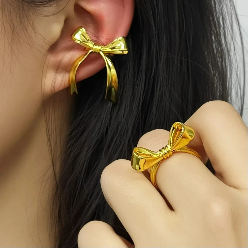 

new Fairy Elegant Sweet Bowknot Opening Ring New Korean Ins Fashion Personality Niche Design Bow Earbone Clip Ear Cuff for Women