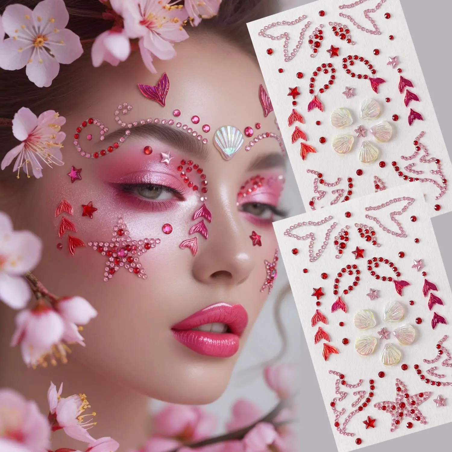 Premium No Glue Rhinestone Face Stickers Mermaid Tail Design Waterproof Sparkle Gems for Makeup Card Holder Scrapbook DIY