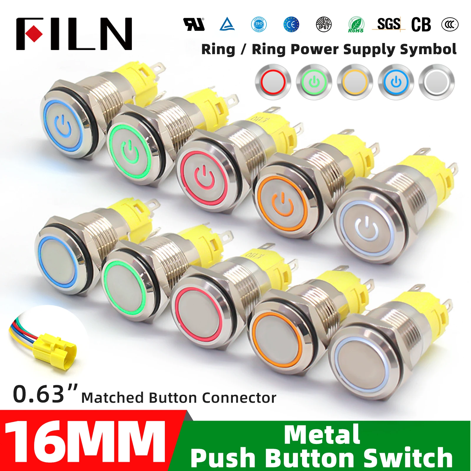 

FILN 16mm Metal Push Button stainless steel switch power symbol Waterproof LED Indicator Start Stop Power on off