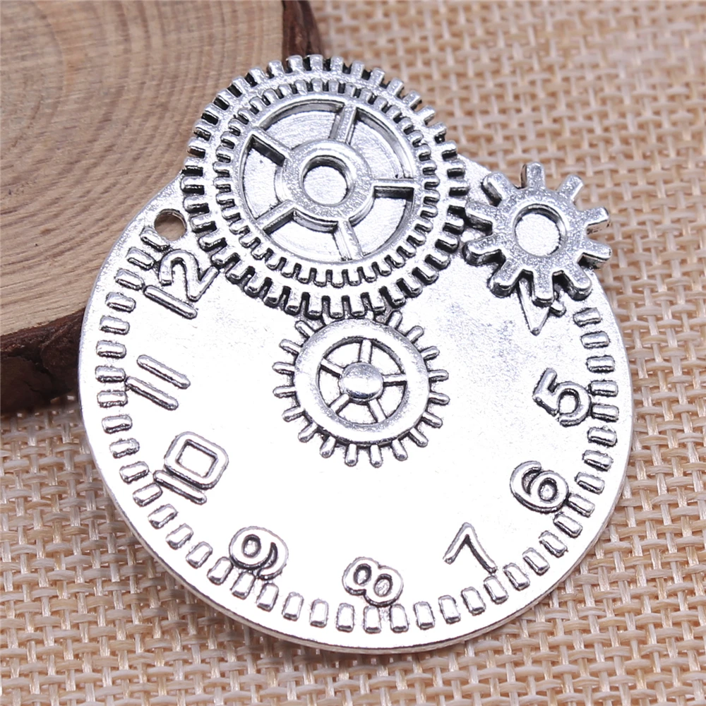 WYSIWYG 1pcs 45x42mm Vintage Charm For Jewelry Making Antique Bronze Steampunk Gear Clock Pendants Charm Gear Clock Steampunk