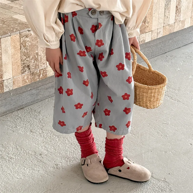 2026 Spring New Children Casual Pants Fashion Flower Print Girls Harem Pants Cotton Kids Loose Trousers Boys Cute Baby Clothes