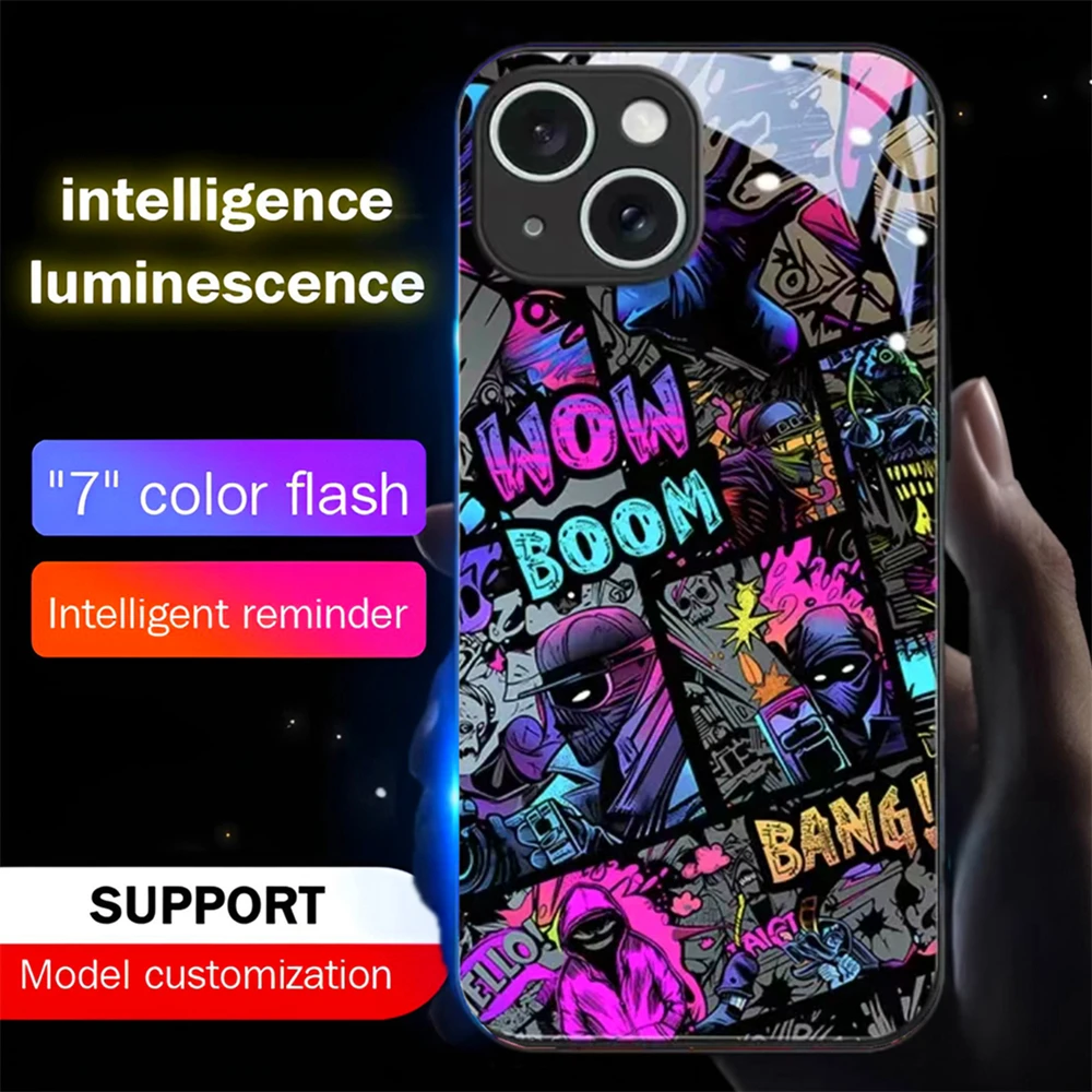 

Street Graffiti Art Smart LED Light Glow Tempered Glass Phone Case For iPhone 15 14 13 12 11 Pro Max XR XS Plus 6 7 8 SE2020