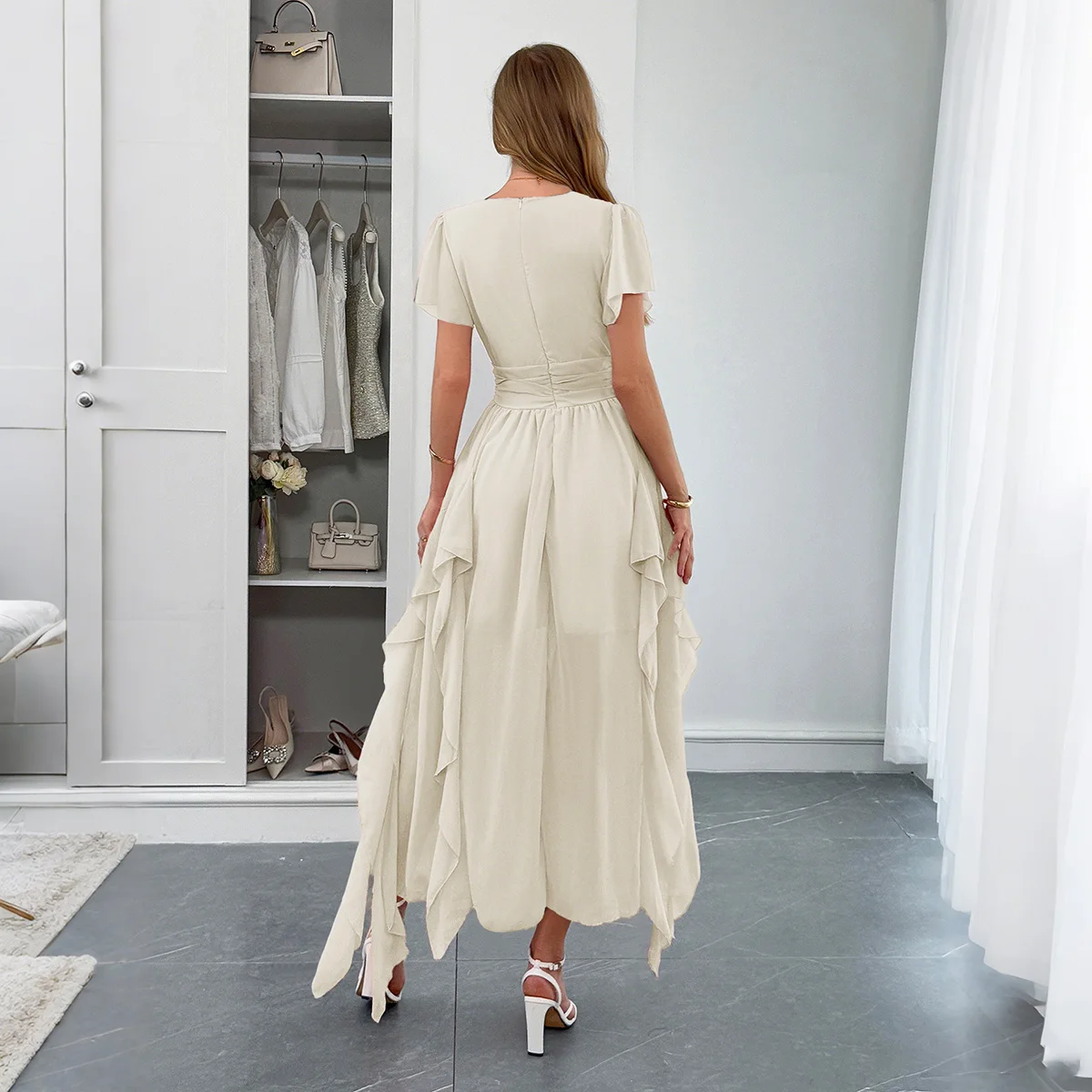 2025 New Fashion Casual Vacation Style Long Dress V-Neck Short Sleeve Waist Summer Dress Boho Beach Women's Vestidos