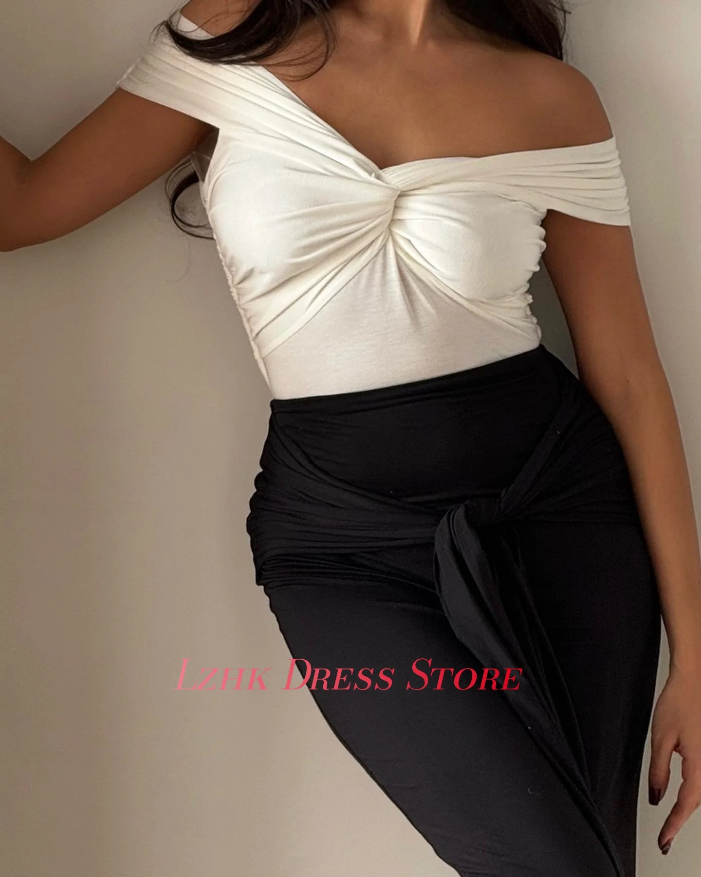 Vestido de noche recto con hombros descubiertos, Jersey Sexy personalizado, manga corta de alta calidad, cuello en V, longitud del té, vestidos de celebridades