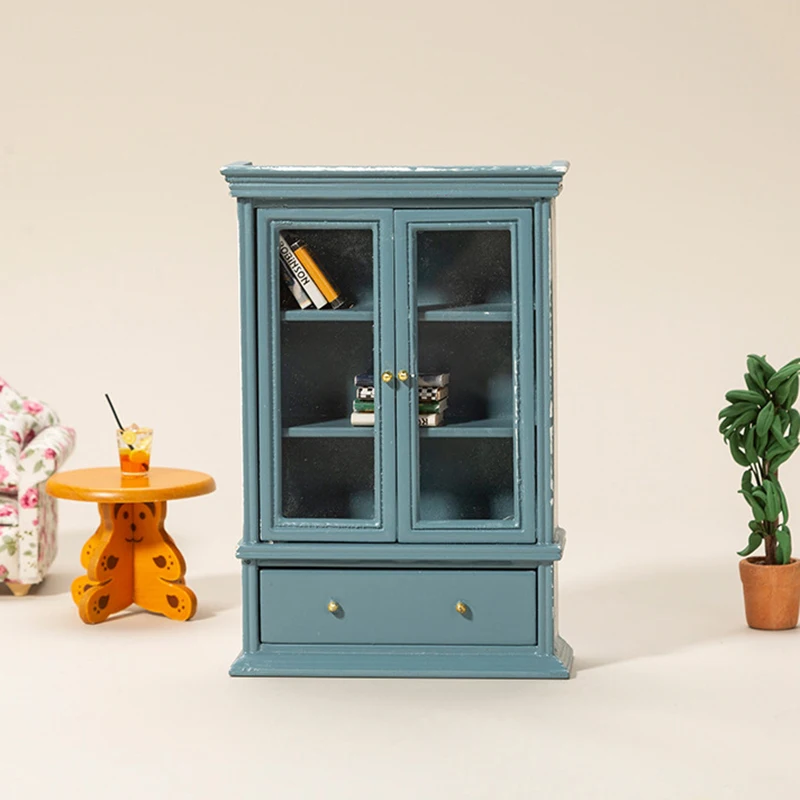 

1:12 Dollhouse Miniature Cabinet Bookshelf Haze Blue Double Door Cabinet Model Display Cupboard Furniture Ornament Decor Toy