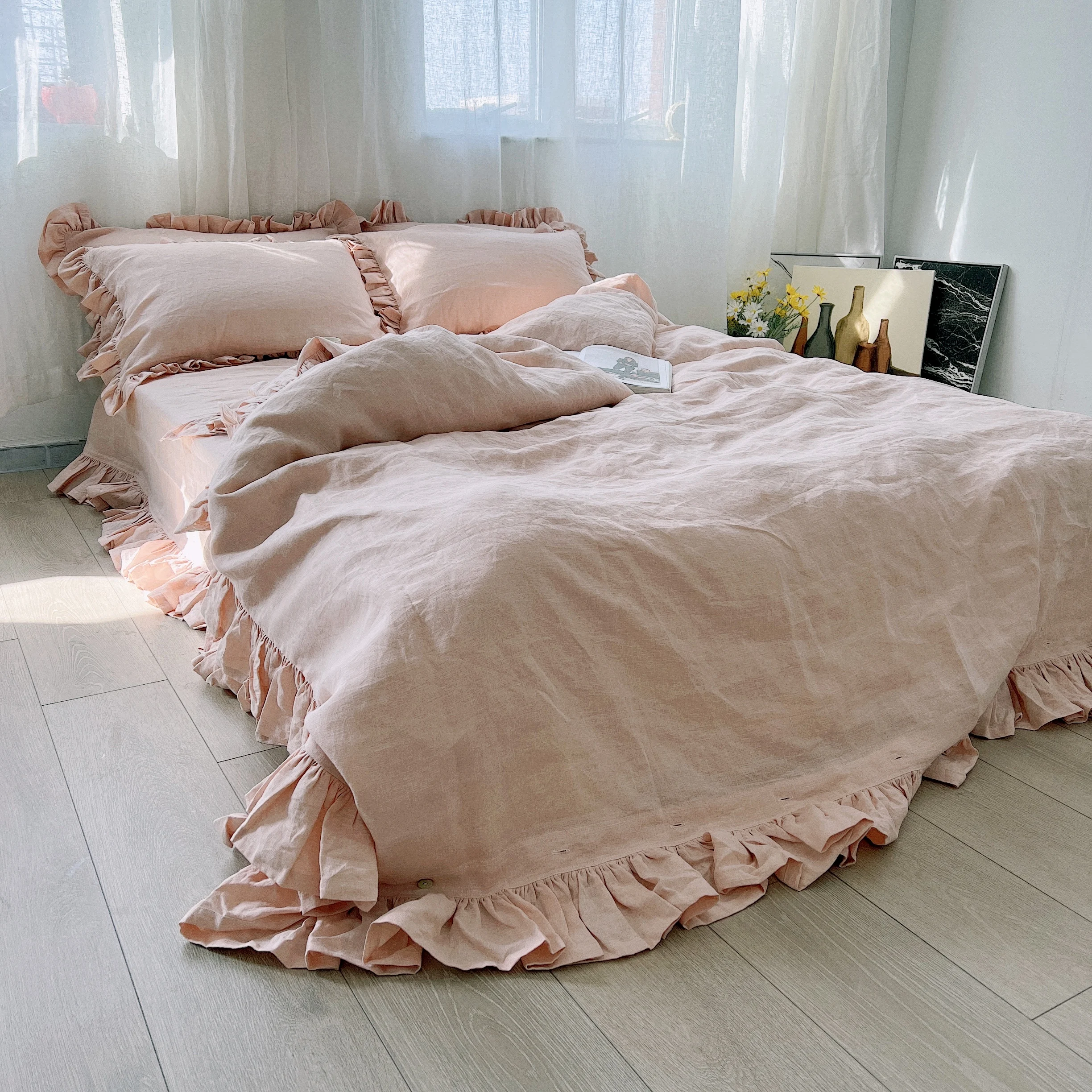 Free shipping 3 Pcs Set Pink Organic Hemp Ruffles Duvet Cover with 2 Pillow Cases / shams Smoke Pink Supply Customized