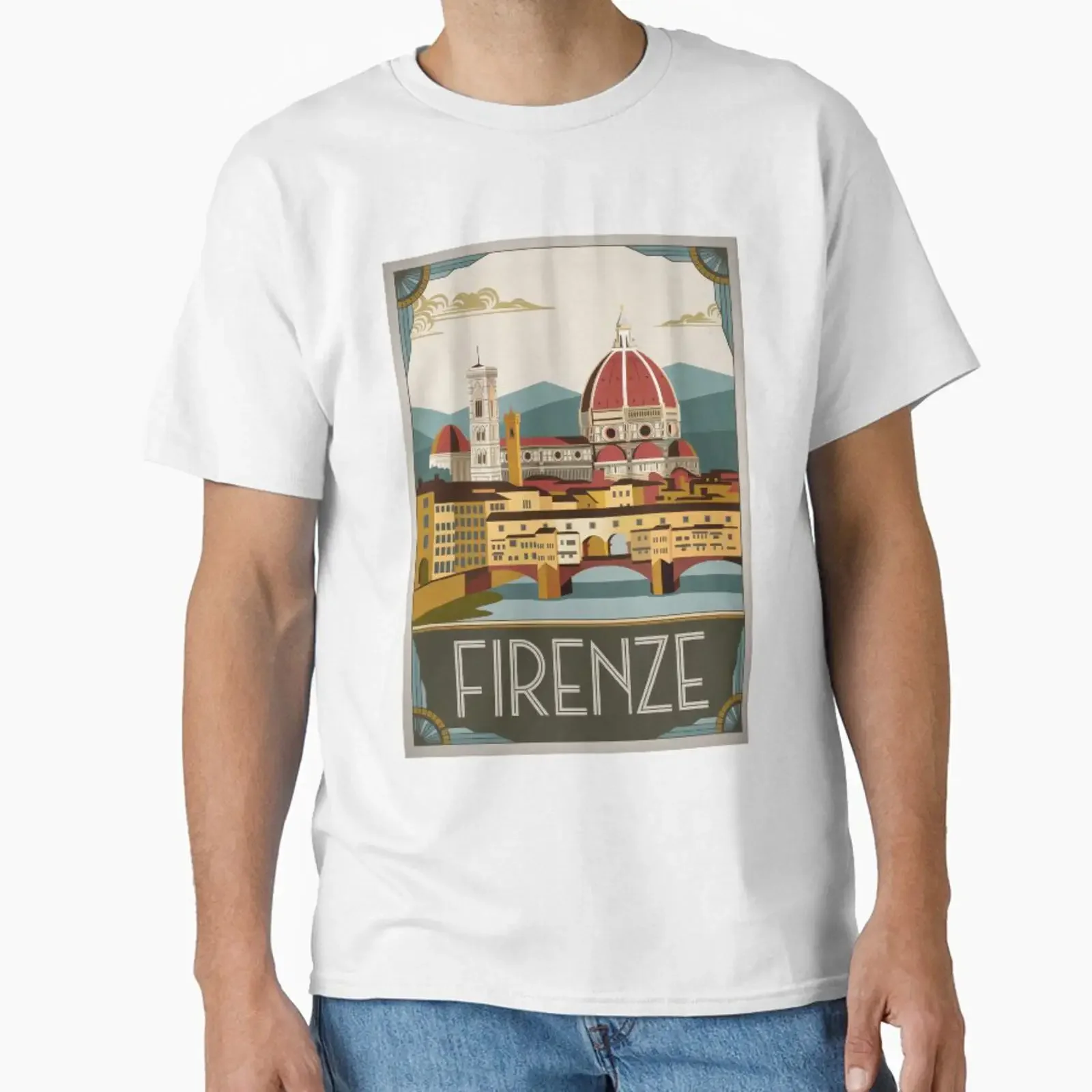 Vintage Travel Poster Florence Art Deco Retro Design of Tuscany Ponte Vecchioo Cathedral Classic T Shirt vintage Washed