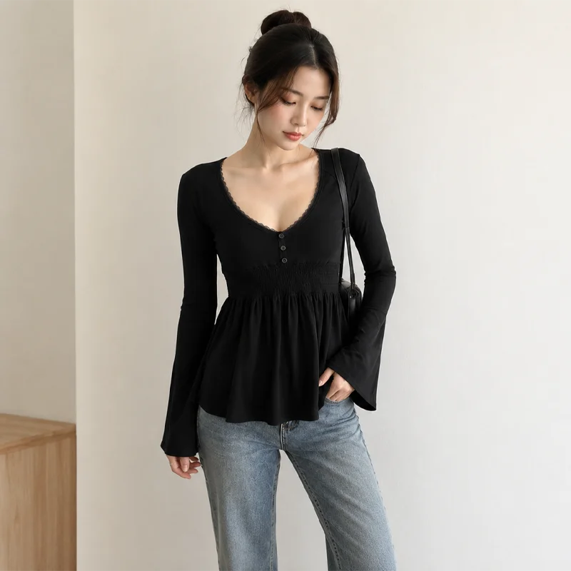Women's Babydoll Top Long Sleeve Scoop Neck Lace Trim Button Front Smocked Waist Flare Sleeve Casual Peplum Blouse