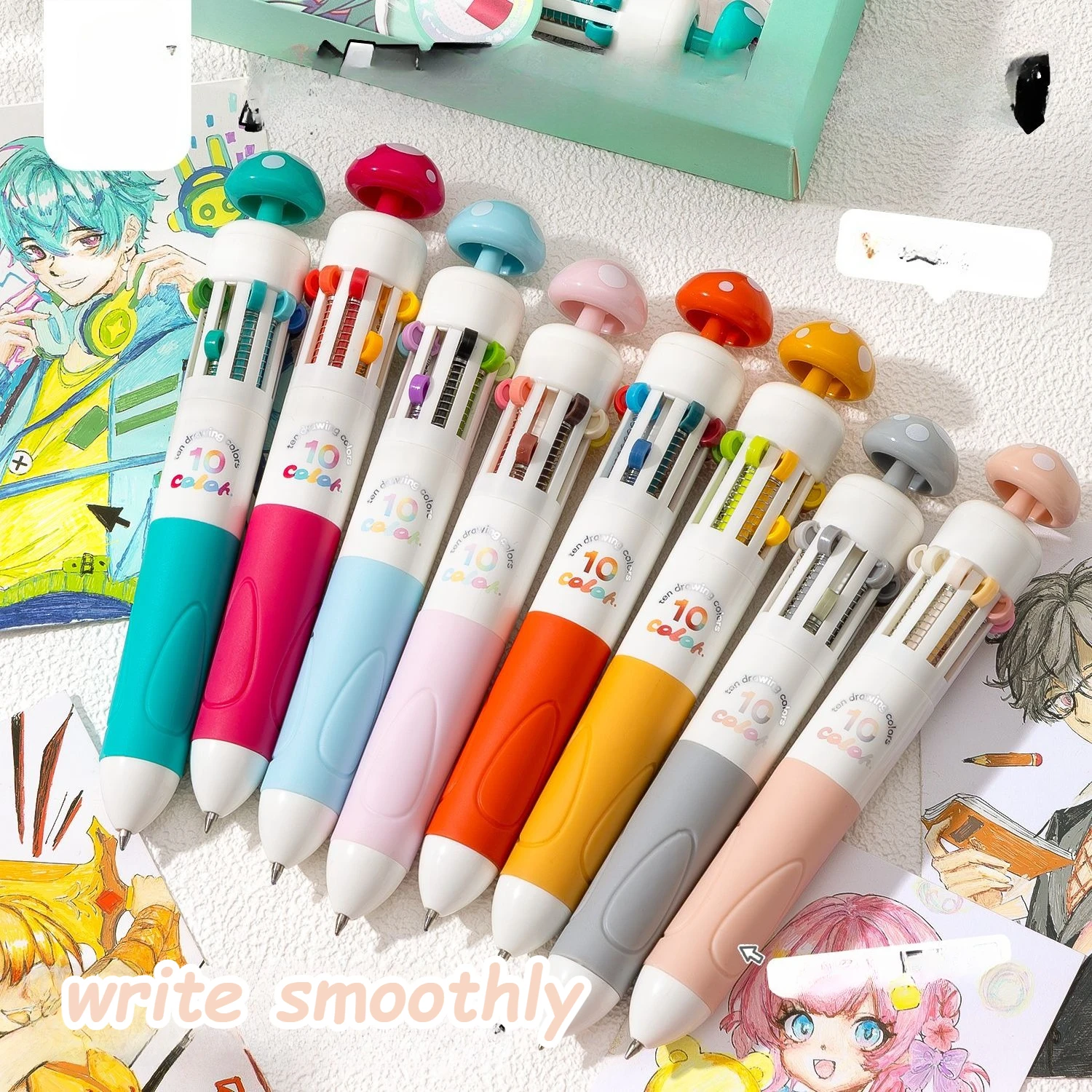 

10-color cute push-button ballpoint pen student stress-relieving colored pens, ballpoint pens, notebook, neutral pens
