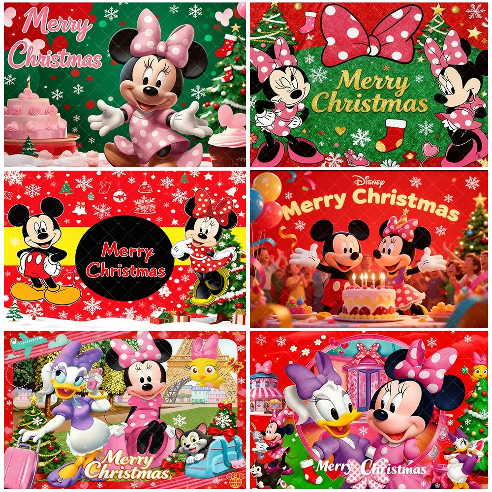 

Disney Minnie Mouse Merry Christmas Backdrop Xmas Tree Background Family Party Decorations Baby Shower Supplies 2026 Photo Props