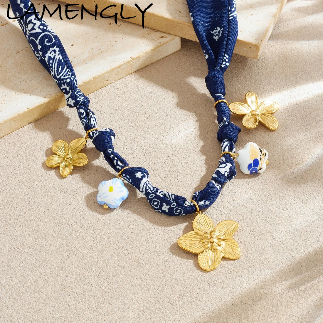 LAMENGLY 316L Stainless Steel Deep Blue Pattern Cloth Geometry 5-Leaf Flower Pendant Necklace Women Bohemian Style Neck Chain