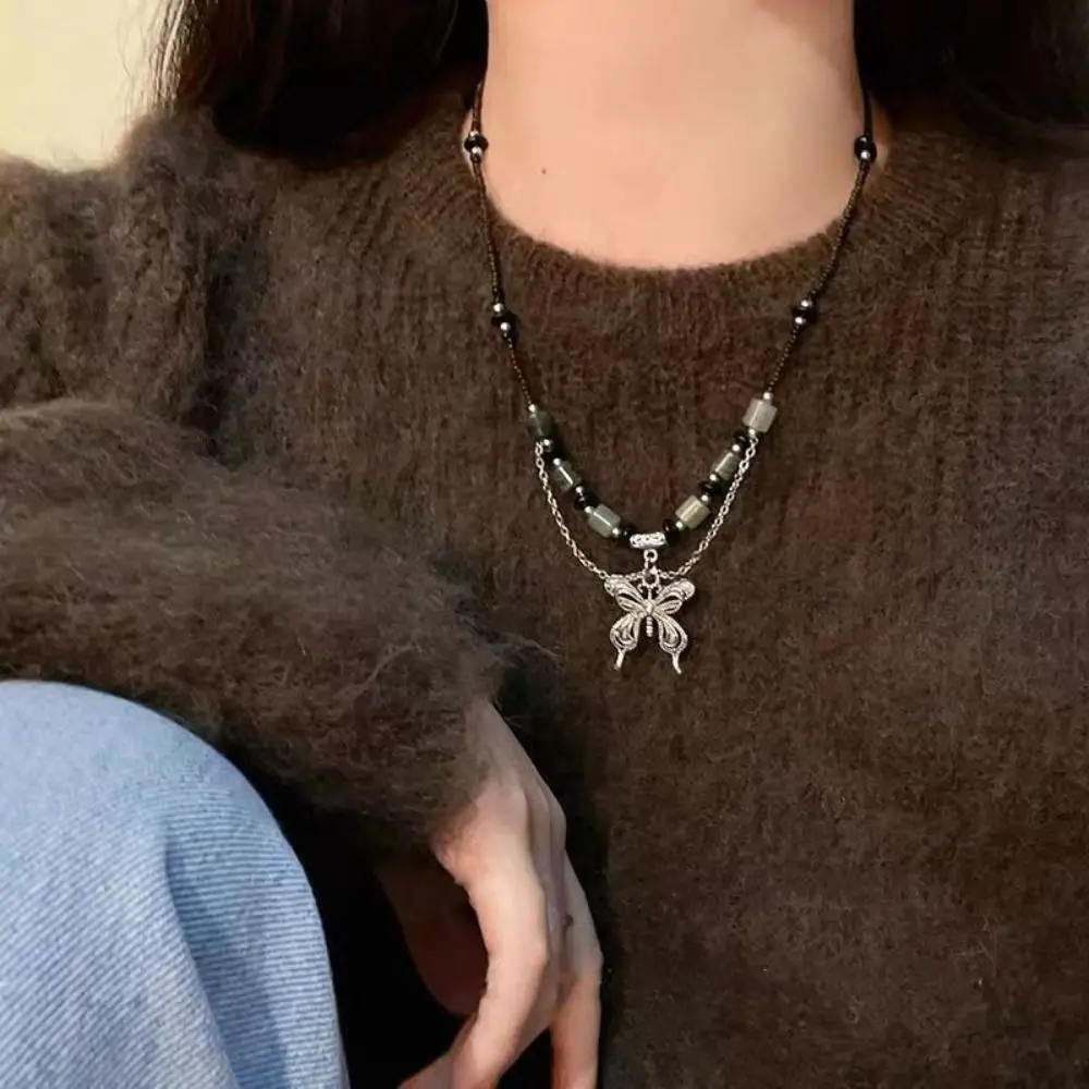 Wood Crystal Metal New Chinese Necklace Jewelry Retro Butterfly Pendant Gifts Vintage Black Rope for Punk Collier Hippie Unisex