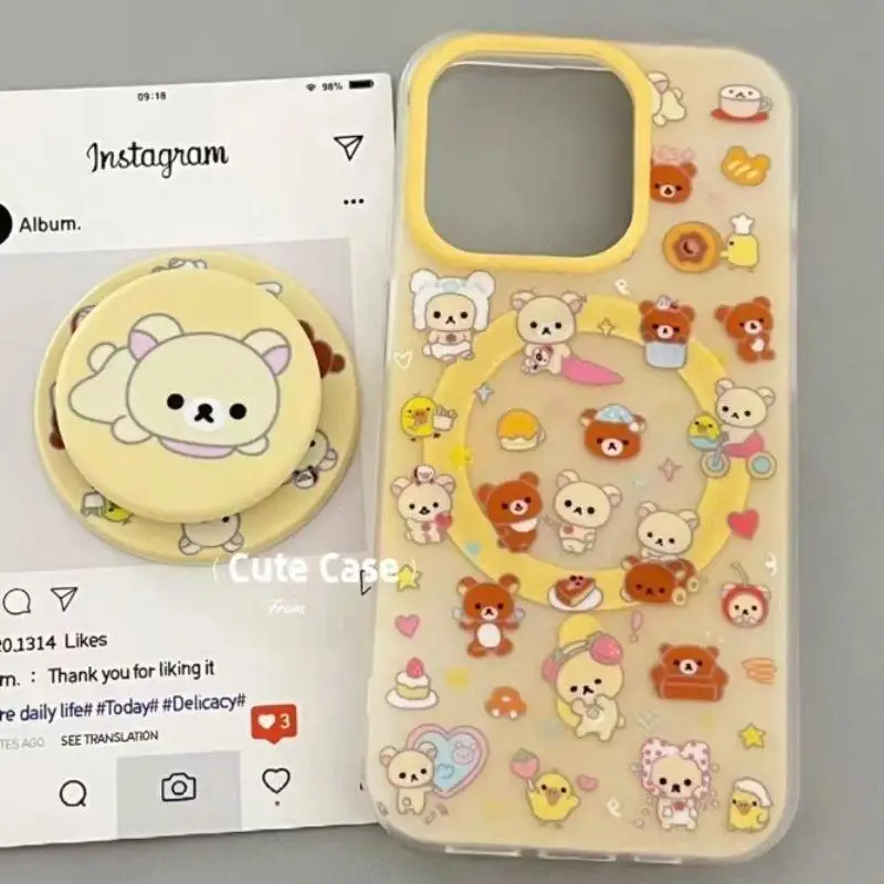 Nuovo Kawaii Cute Rilakkuma Mobile Phone Shell Iphone15/14/13/12/11promax/xsmax dotato di staffa magnetica Ins Girl Gift