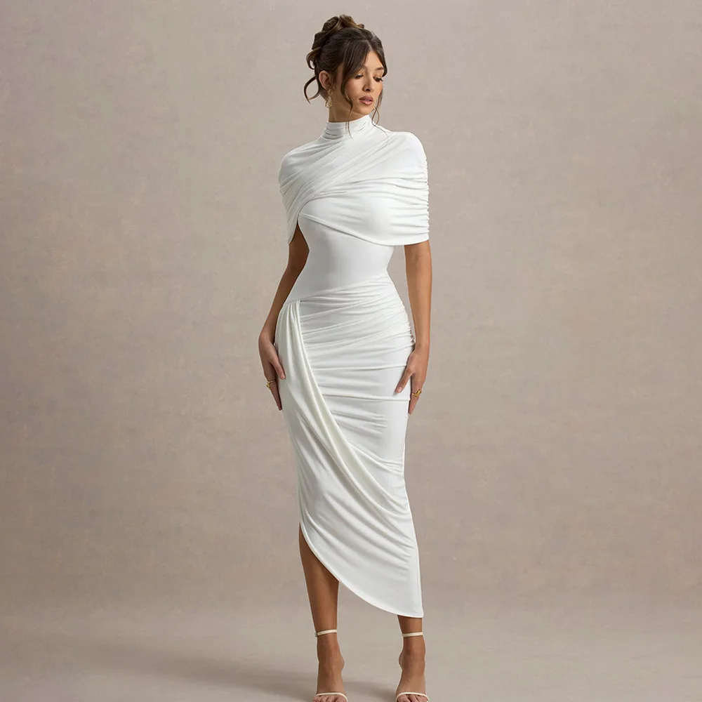 

Temperament Slim Pleated Long Dresses Women Sexy Backless Irregular Package Hip Party Dresses Fashion Banquet Evening Vestidos