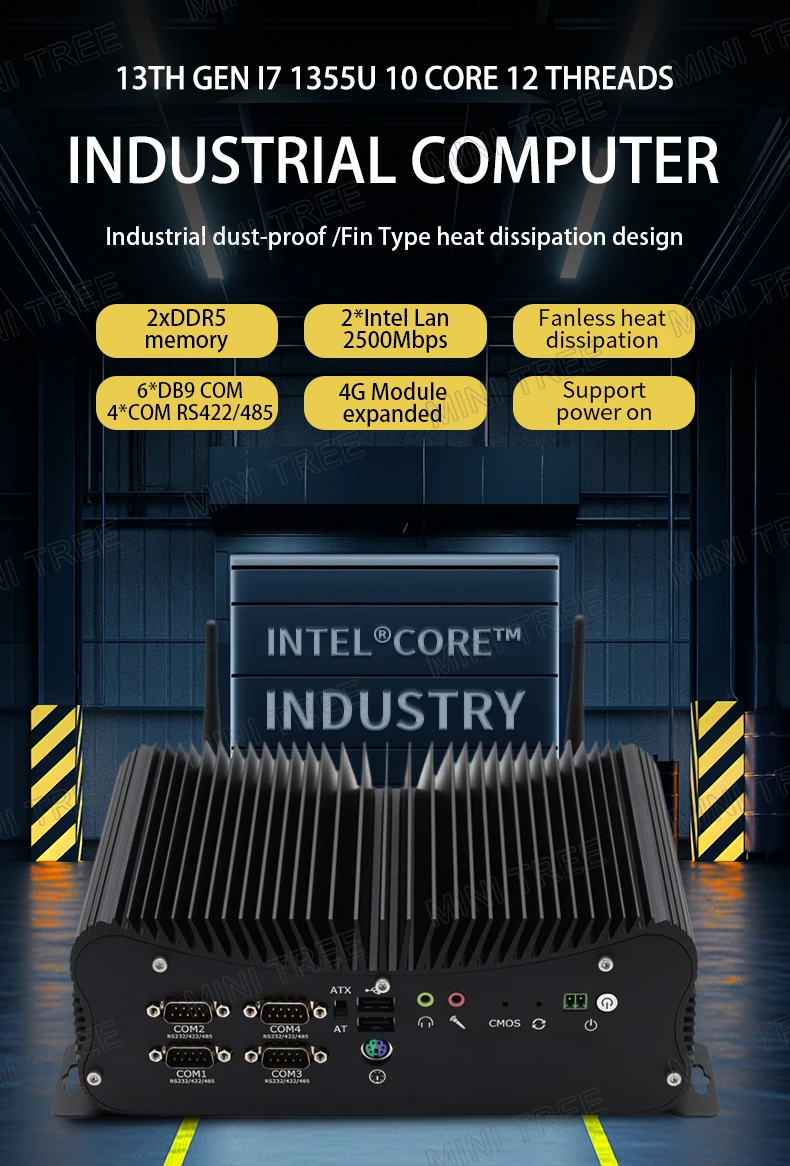 คอมพิวเตอร์อุตสาหกรรมรุ่นที่ 13 แบบ 6-COM ซีพียู Core I7 1370P I5 1335U พร้อมพอร์ต HD VGA GPIO แลนคู่ 2.5G แบบไร้พัดลม สำหรับธุรกิจทางการแพทย์และเครื่อง CNC