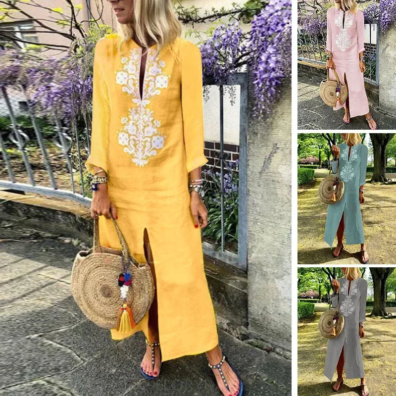 Cotton linen boho holiday long sleeves women Spring casual African dashiki print front slit maxi tunic V neck dress cmm221