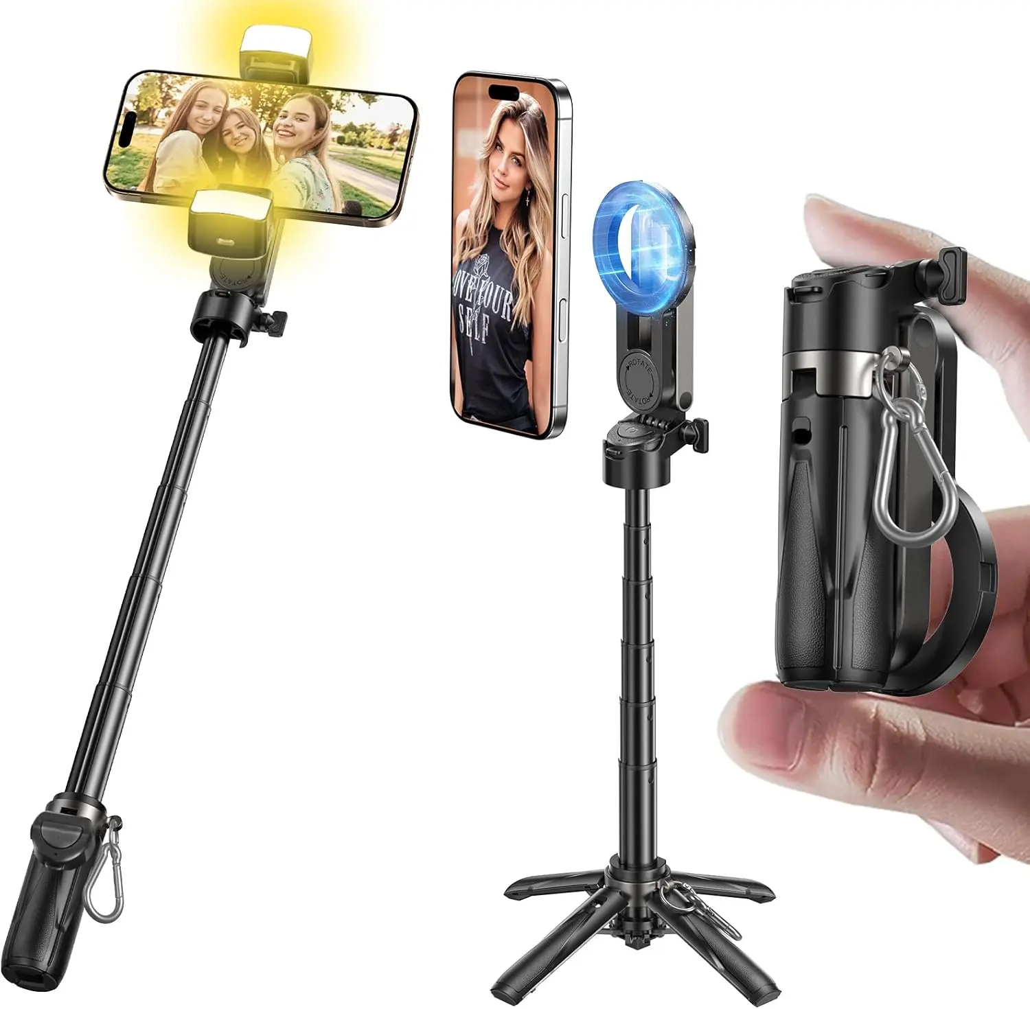 

Portable Phone Tripod with Selfie Light & Remote for iPhone Magsafe, Compact Selfie Stick for Photos, Live Streaming, Video Reco