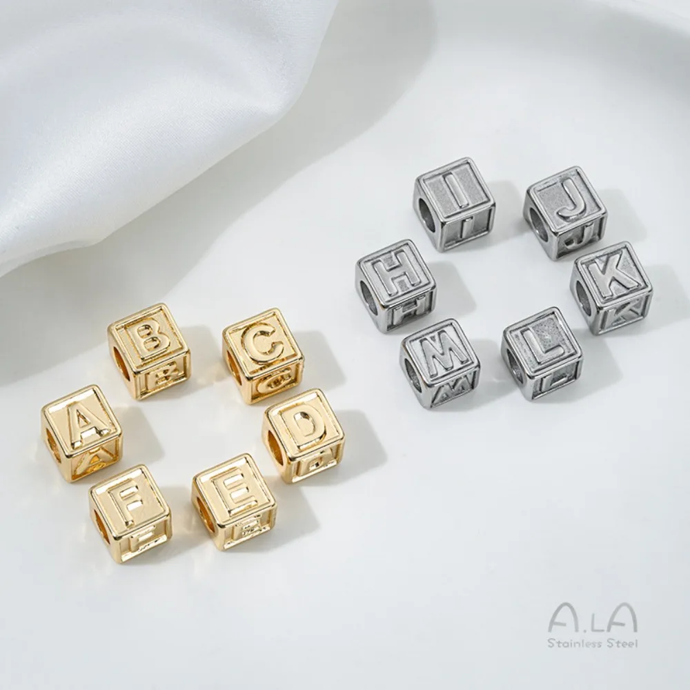 Titanium Steel 26 Letters Square Through-hole Beads Relief Beads, Handmade Beaded Bracelets, Necklaces, Pendants, Accessories
